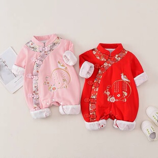 春秋女宝宝新款长袖中国风偏襟喜鹊双层连体洋气新生儿刺绣连体衣