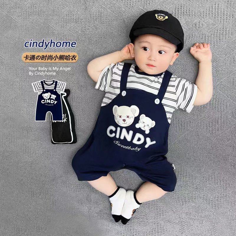 婴儿衣服夏天薄款条纹冒星熊假背带短袖连体男女宝宝哈衣夏季薄款