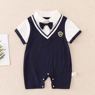婴幼儿夏季 连体男宝宝帅气绅士英伦哈衣爬服 新款 学院风绅士章短袖