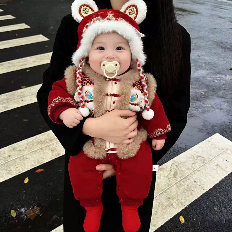 冬季唐装中国风新款婴儿加厚男女宝宝保暖周岁礼服加绒国风哈衣