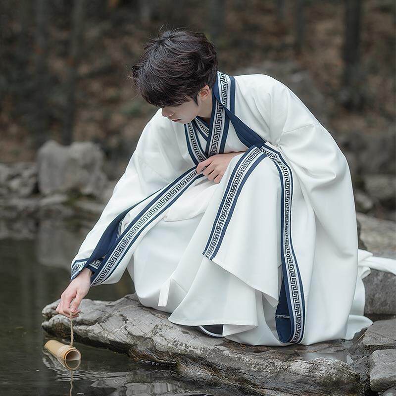 고대 스타일 HANFU 남성과 여성 커플 의류 고대 의상 기사도 학자 흰색 크로스 칼라 허리 길이 언더 셔츠 그룹 봄 여름 3 피스 세트