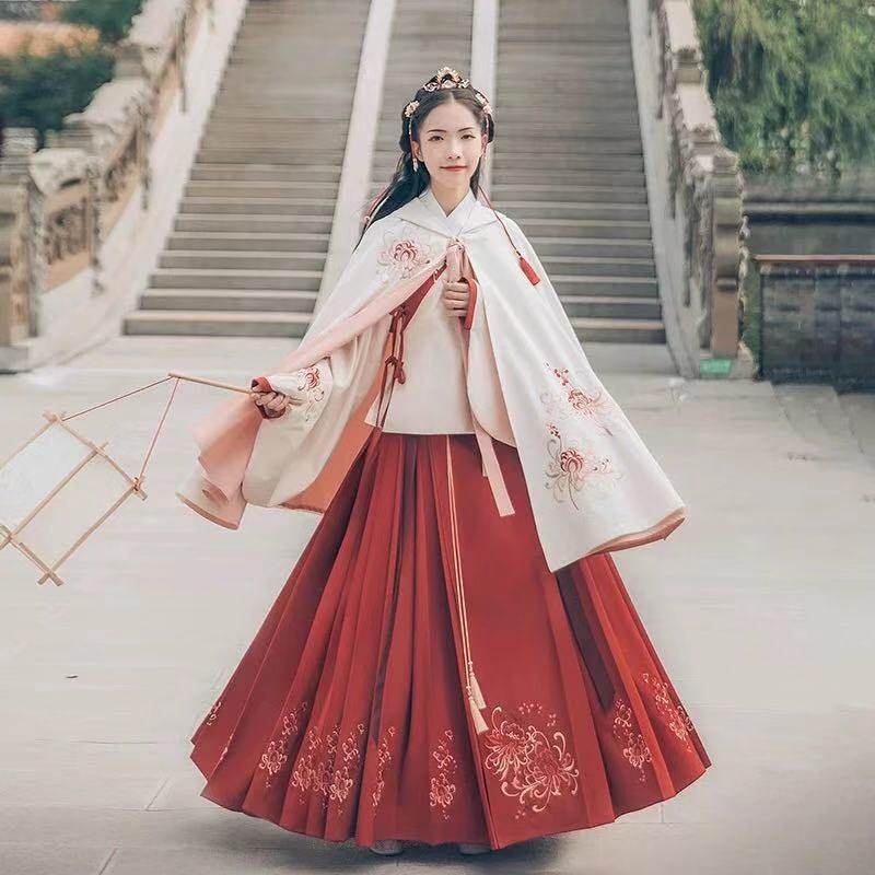 HANFU 여성의 전통 의상 수 놓은 재킷 스커트 수 놓은 학생 명나라가 만든 큰 밑단 스커트 붉은 말 얼굴 스커트 데일리 슈트