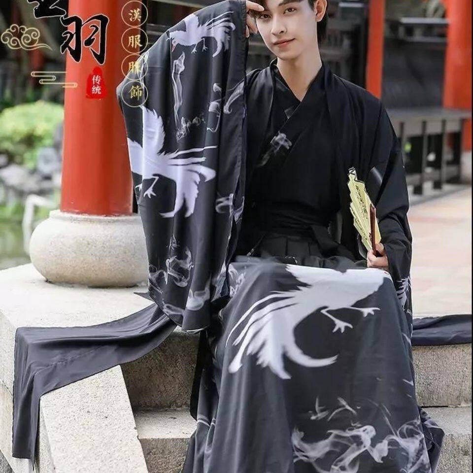 HANFU 남자의 요정 스타일 고대 스타일 남자의 검은 용 패턴 자수 웨이와 진 중국 스타일의 의상 성능 의류 한 요소 완전한 세트
