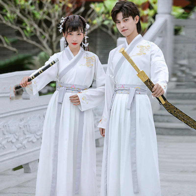 HANFU 남성 무술 스타일 남성과 여성의 고대 스타일 검객 흰색 긴팔 학생 의상 졸업식 유니폼 풀 세트