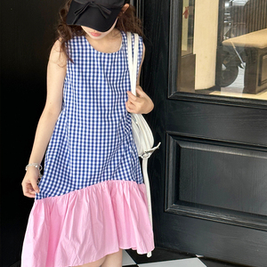 女童格子连衣裙2024新款大童夏装公主裙韩系百搭儿童夏款拼色裙子