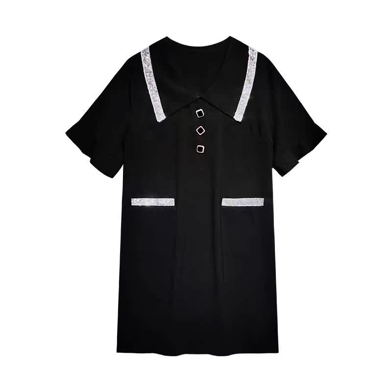 张大人大码女装2019夏装减龄连衣裙胖妹妹mm遮胯小黑裙子显瘦洋气136.62元包邮