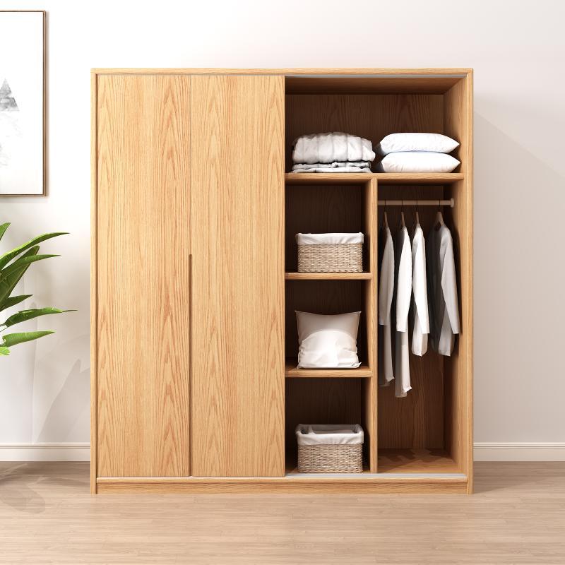 全实木橡木推拉门衣柜家用卧室北欧原木风小户型移门柜子