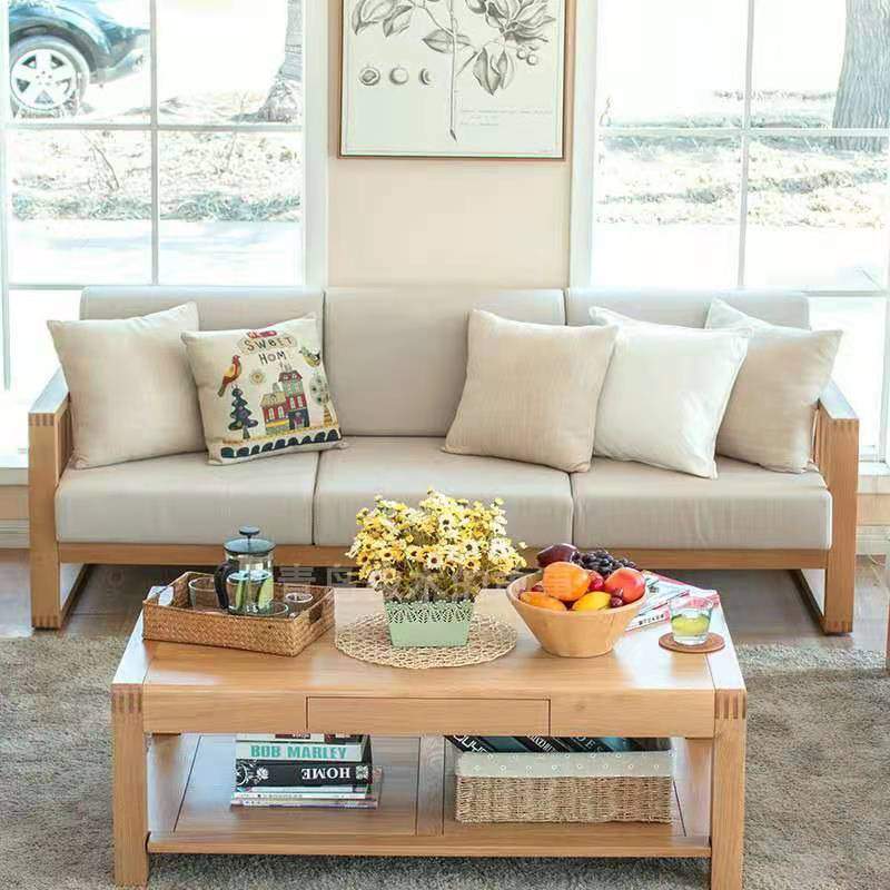 青岛家具纯实木沙发橡木三人位沙发北欧转角沙发组合简约原木家具