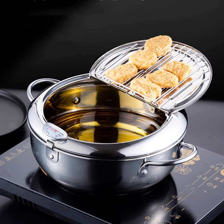 哇噢不锈钢油炸锅带盖控温炸串日式天妇罗带温度计燃气油炸锅