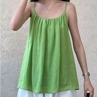圆领编织 新款 压褶上衣吊带 背心肩带8801宽松韩系女夏季 无袖