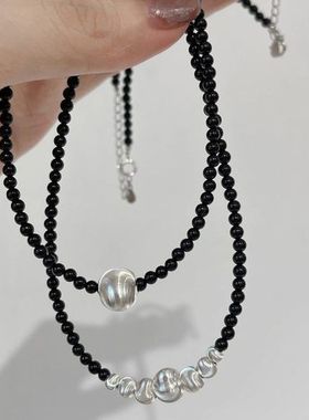 个性丝绸s925玛瑙天然链黑银球