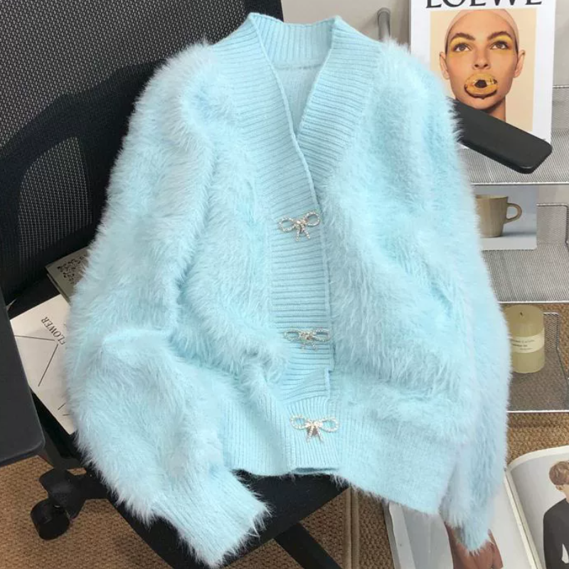 仿蝴蝶结领软甜美新款女糯外套V针织衫毛衣开衫精致秋冬韩版水貂,女装/女士精品,毛针织衫,淘宝优惠券,粉丝福利购,淘宝优惠卷