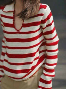 小olo红色风条纹新款修身上衣慵懒松弛U领p韩系感针织衫气质女秋