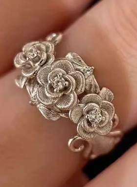 S925纯银玫瑰花拉丝戒指复古小众中世纪风格花式浪漫戒指花卉指环