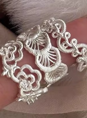 S925纯银镂空蕾丝花朵戒指甜美小众设计高级感复古ins风叠戴指环