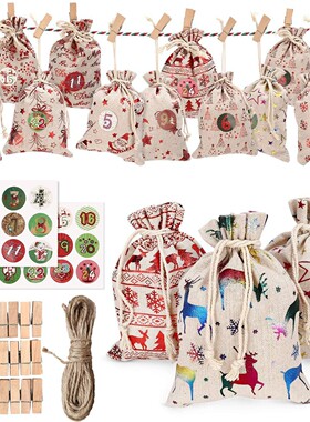 24PCS Christmas Advent Calendar Countdown Bag Hanging Candy