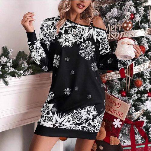 Christmas long sleeved sloping shoulder dres, regular sleeve