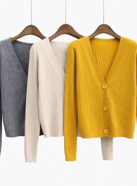 Loose V-neck knitted cardigan sweater women's long slee top