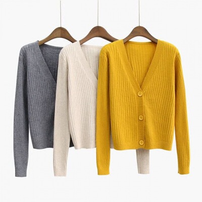 Loose V-neck knitted cardigan sweater women's long slee top