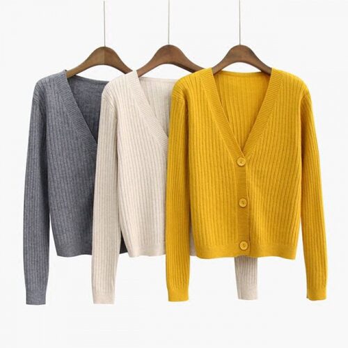 Loose V-neck knitted cardigan sweater women's long slee top