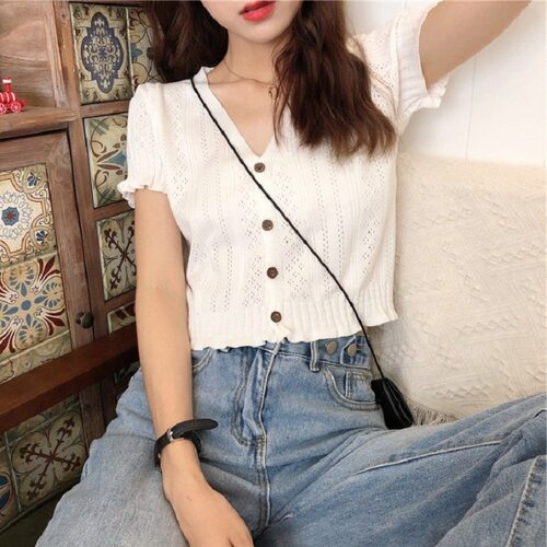 short sleeved V-neck knitted sweater cardigan women's top