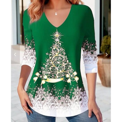 Christmas women's loose fashion V-neck pullover top T-shirt
