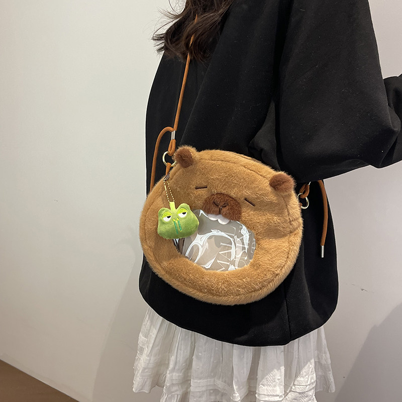 时尚透明小圆包女生斜跨休闲包包可爱卡通毛绒小包女孩礼物零食包