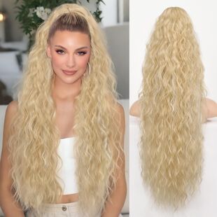 欧美假发女长卷发水波纹马尾化纤假发蓬松玉米烫抓夹马尾ponytail