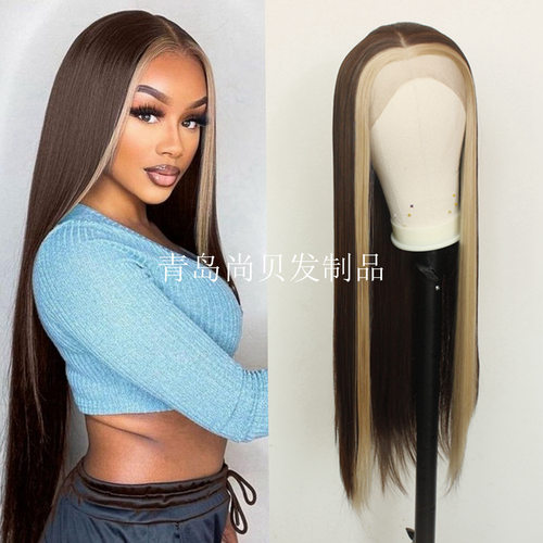 Brown with blonde straight hair synthetic lace front wig