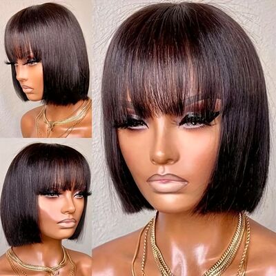 Machine made BOB human hair short wigs with bangs