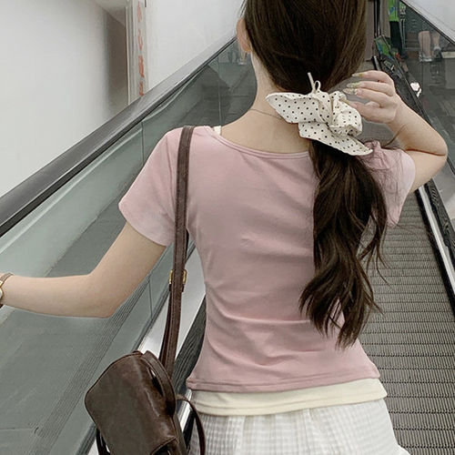 JBBCN/吉宝宝纯欲bm风拼色方领假两件短袖t恤女新款韩系褶皱上衣