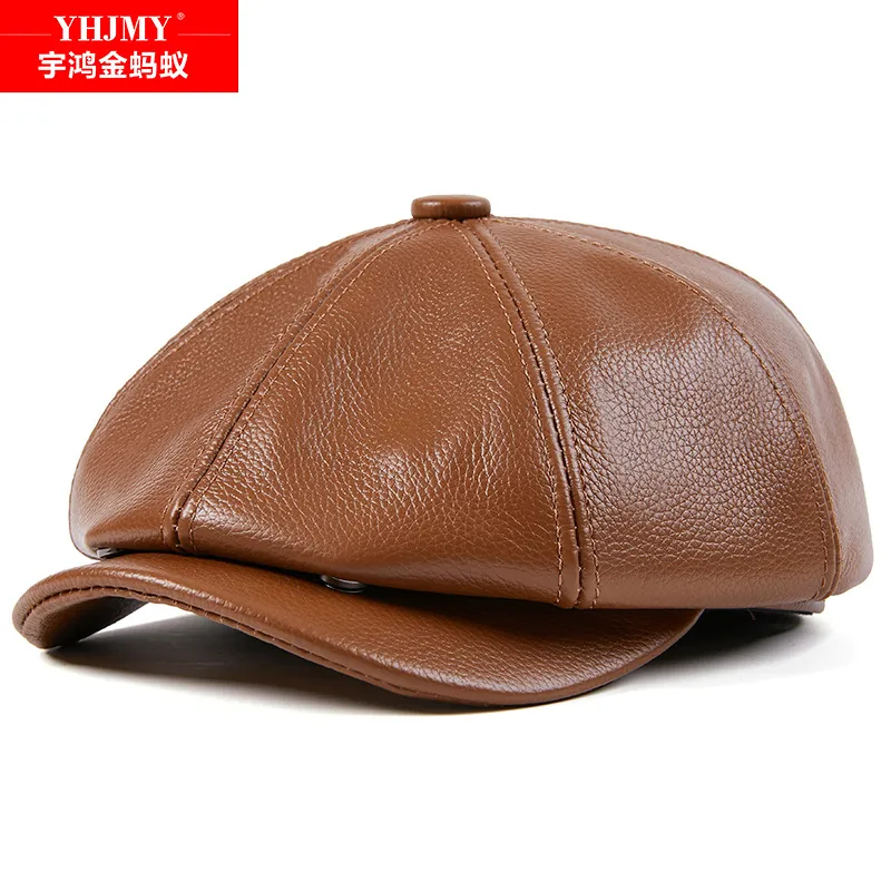牛皮真皮帽韩版潮中老年男秋冬季时尚青年鸭舌海军贝雷八角帽