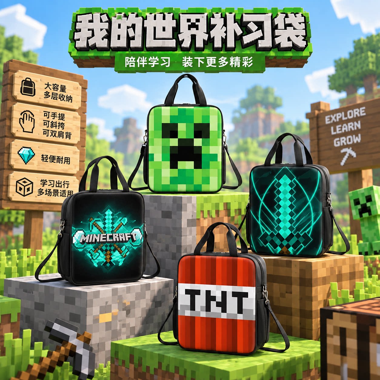 我的世界补习袋男孩小学生作业手提袋女学生拎书袋初中生补课包轻便帆布包儿童一年级美术袋手提包斜挎大容量