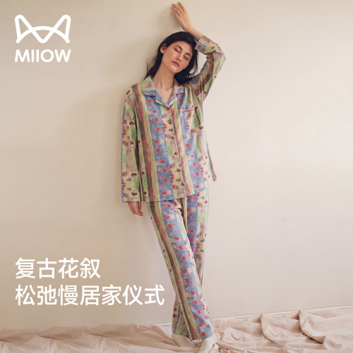 猫人女士秋季可外穿印花长袖睡衣纯棉女款2026新款家居服套装