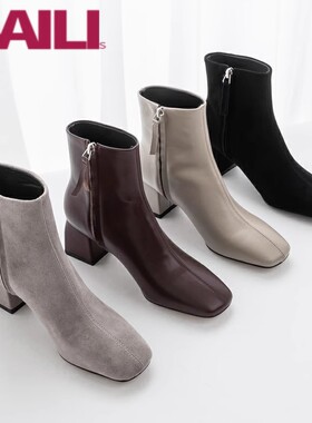 皇家百丽诗官方旗舰店品牌女鞋真皮方头鞋粗跟马丁靴灰色磨砂短靴