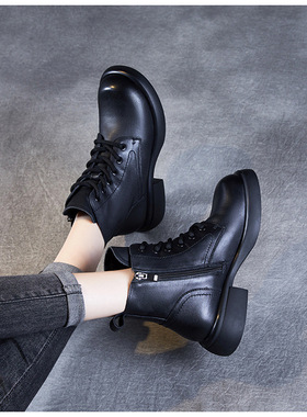 皇家百丽诗真皮短靴女马丁靴秋冬粗跟女靴皮鞋百搭单靴短筒靴子