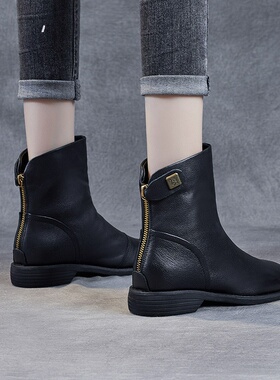 皇家百丽诗官方旗舰店正品官网女鞋真皮马丁靴平底显瘦后拉链短靴