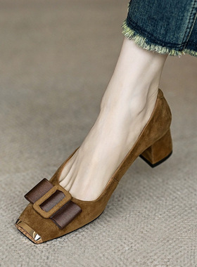 法式复古时尚蝴蝶结浅口单鞋女春秋新款方头中跟粗跟百搭高跟瓢鞋