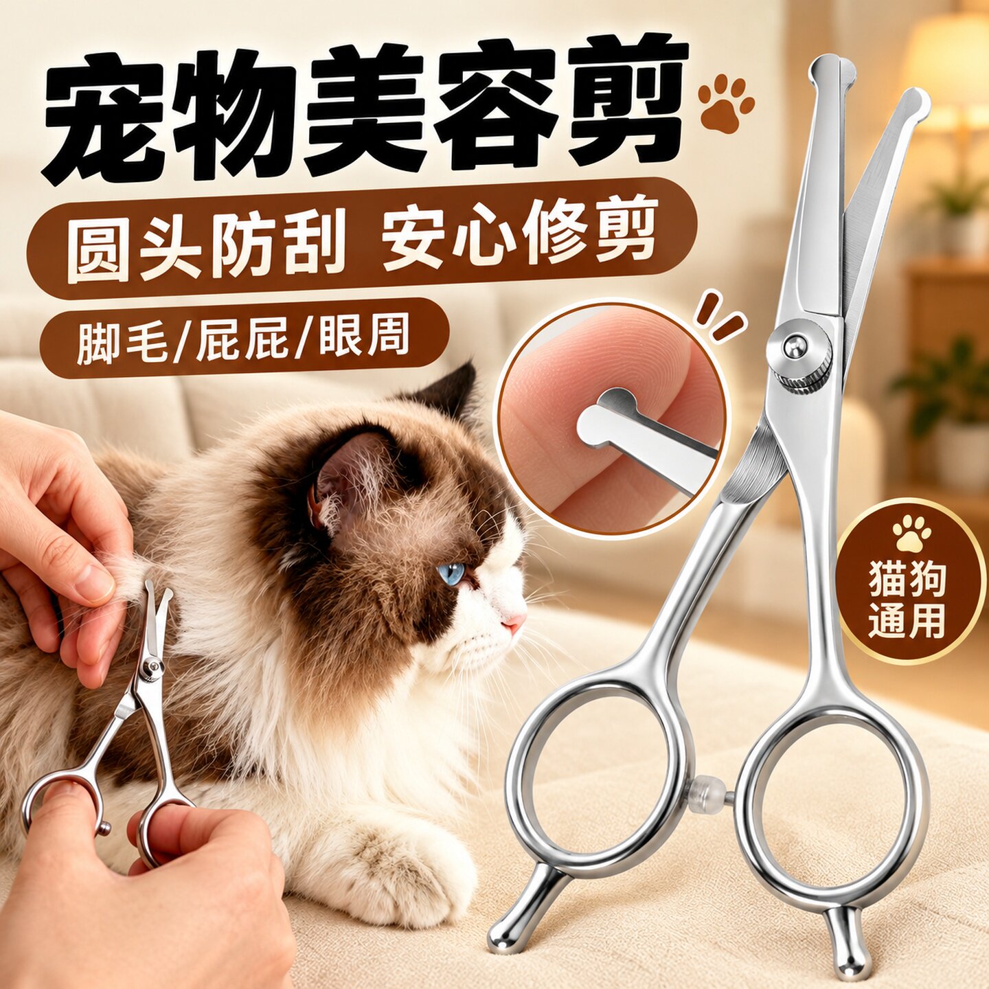 长毛猫剪屁股毛剪刀猫咪修毛剪狗狗脚毛美容剪圆头安全宠物理发剪