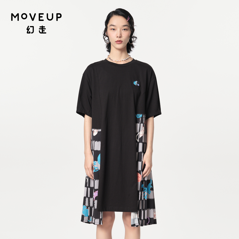 MOVEUP幻走2024春季新款.FUN系列不规则拼接印花设计师针织连衣裙