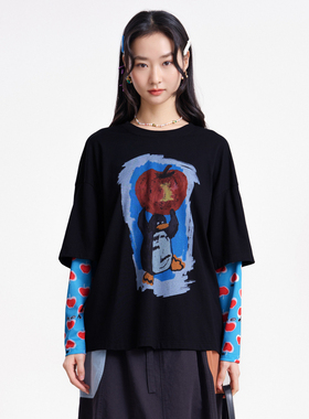 MOVEUP幻走2026春季新款.FUN系列假两件圆领趣味印花短款T恤女