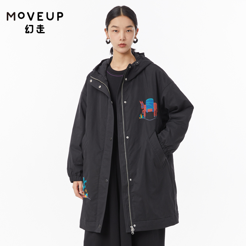 MOVEUP幻走2022冬季新款宽松连帽趣味绣花中长款棉服外套女加厚