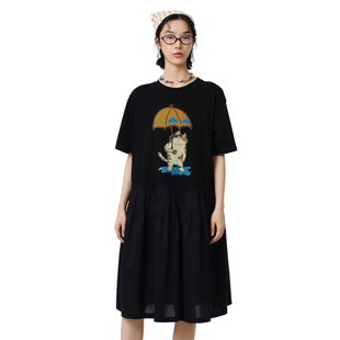 新款 MOVEUP幻走2025夏季 .FUN系列纯棉印花抽褶下摆针织连衣裙