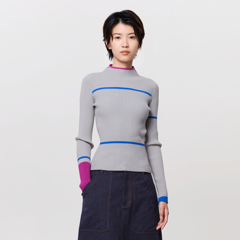 小高领、撞色彩条、坑纹组织