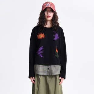 MOVEUP幻走2026春季新款.FUN系列圆领趣味绣花撞色格纹短款卫衣女