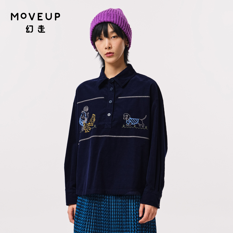 翻领 裁片绣花 落差弧形下摆