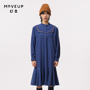 MOVEUP幻走2023秋季新款.FUN系列撞色绣花设计师纯棉灯芯绒连衣裙