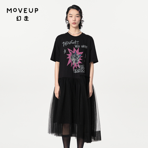 MOVEUP幻走2024春季新款.FUN系列不规则猫咪印花设计师针织连衣裙