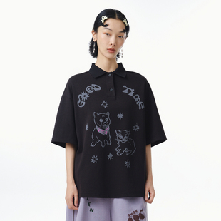 女 MOVEUP幻走2025春季 新款 .FUN系列罗纹polo领印花设计短款 套头衫