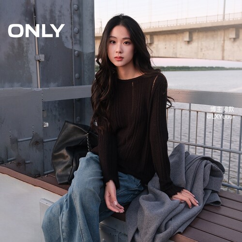 ONLY毛边微透面料正肩长袖针织衫